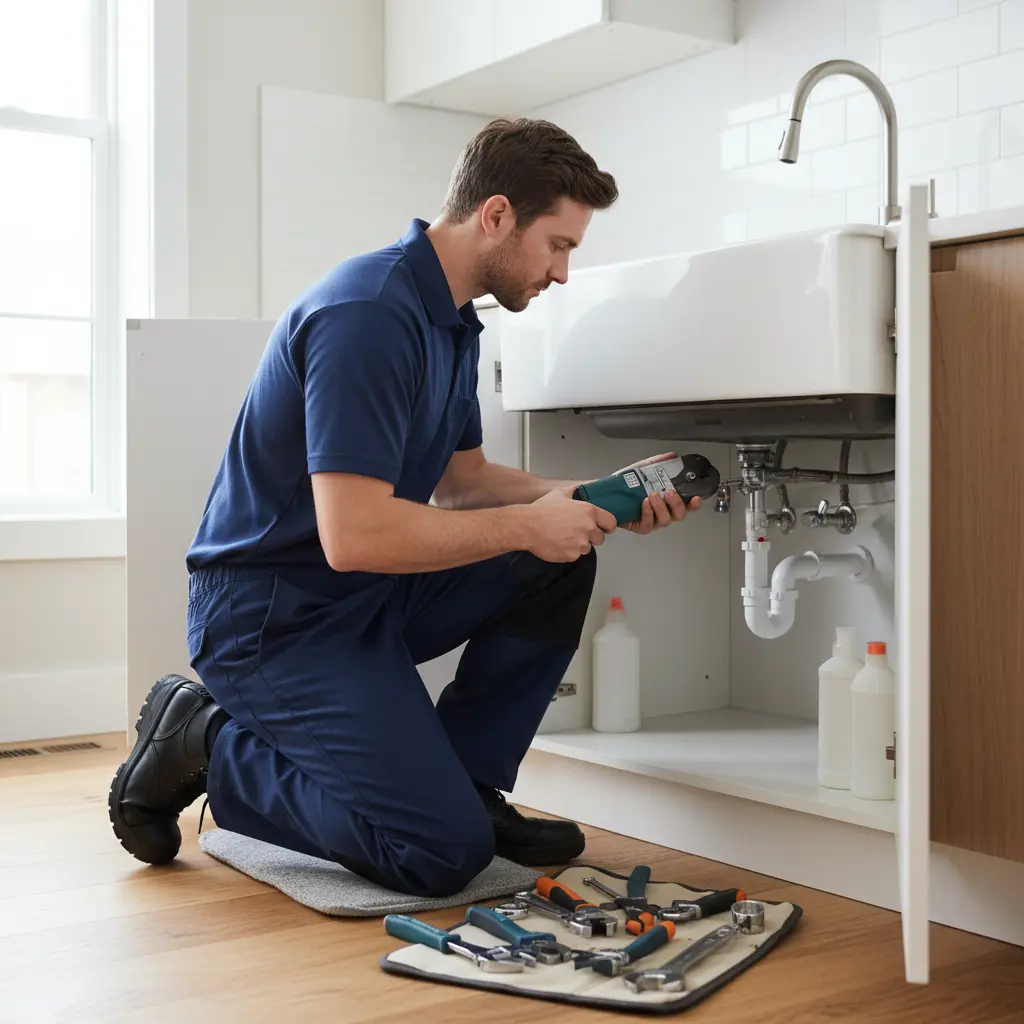 Professional plumber working under a kitchen sink