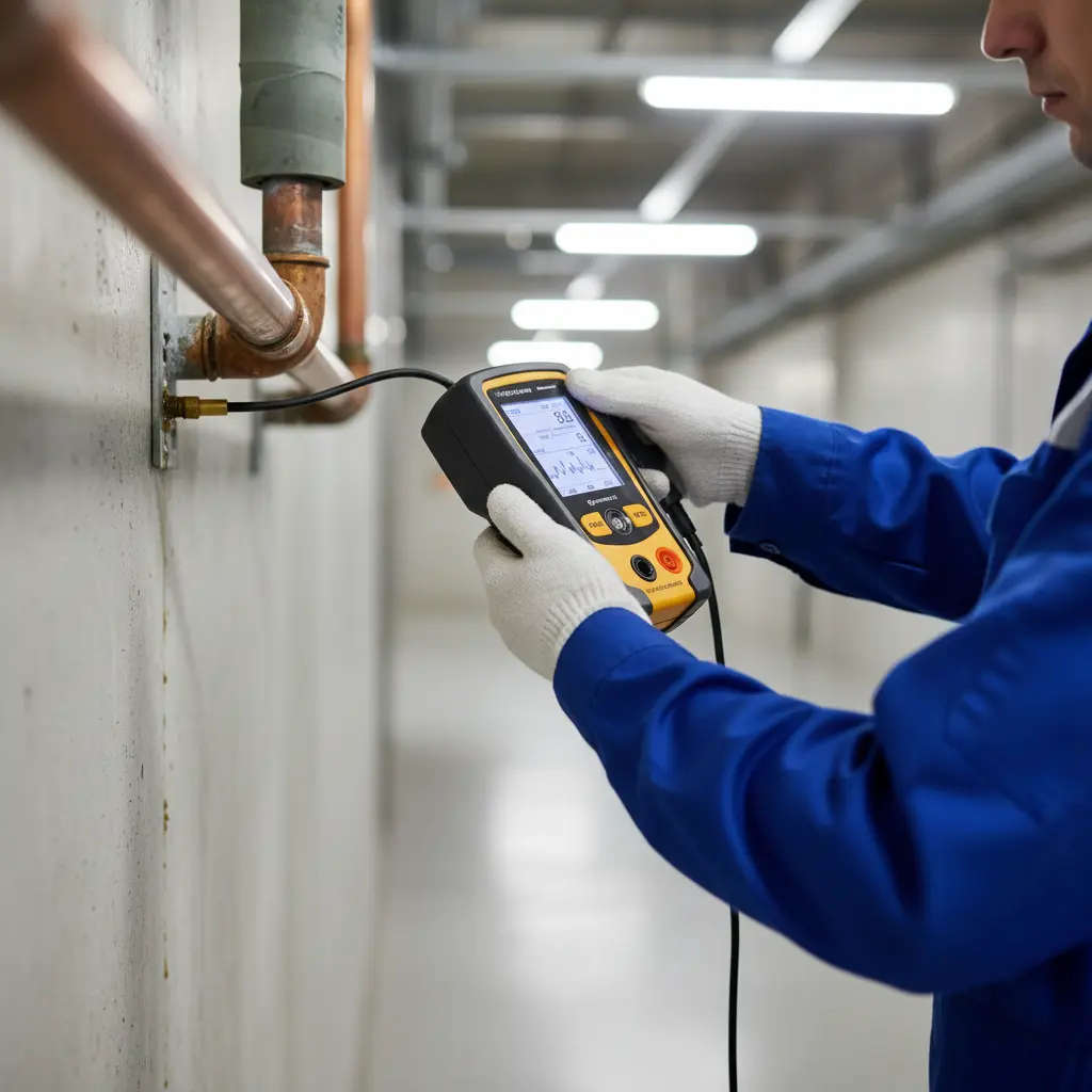 Technician using a leak detection device